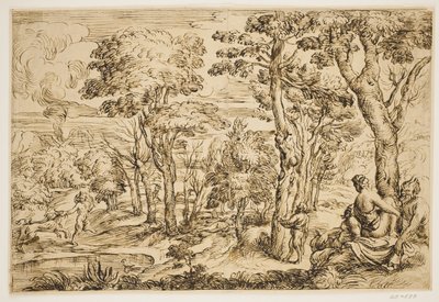 Landschap met nimfen en saters door Ubekendt Ubekendt