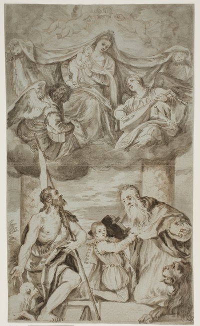 De Maagd en het Kind tussen engelen in de wolken met de heiligen Johannes de Doper en Hiëronymus, naar het schilderij van Paolo Veronese voorheen in S. Francesco della Vigna, Venetië door Ubekendt Ubekendt