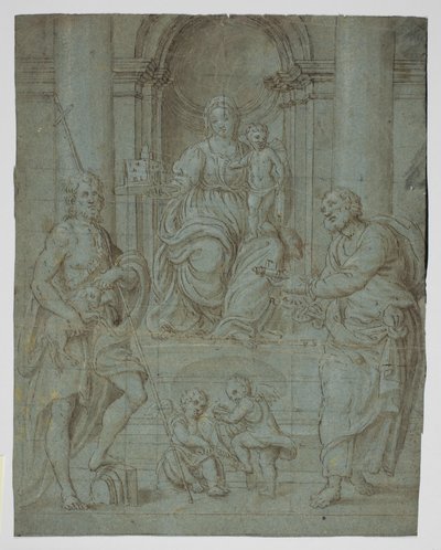 De Maagd en het Kind op de troon met St. Petrus en Johannes de Doper, en twee muzikale engelenkinderen door Ubekendt Ubekendt