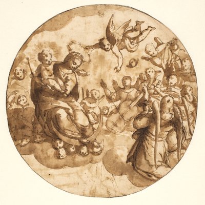 Tondo met de Madonna en Kind zittend op een wolk omringd door muzikale engelen door Ubekendt Ubekendt