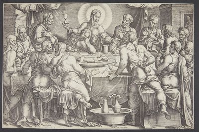 Christus voorspelt het verraad van Judas Iskariot tijdens het laatste avondmaal door Ubekendt efter Maarten van Heemskerck