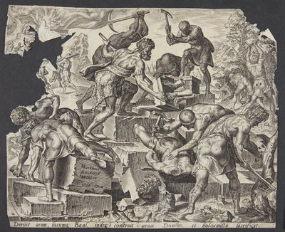 Gideon en zijn mannen vernietigen het altaar van Baäl door Ubekendt efter Maarten van Heemskerck