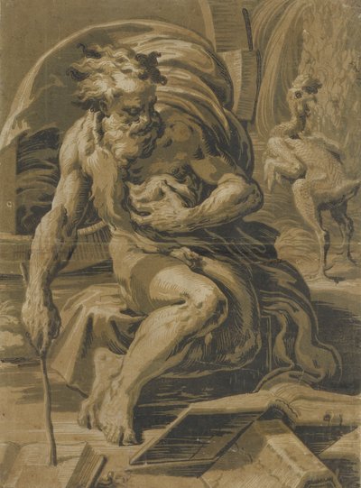 Diogenes, zittend voor zijn ton, lezend uit een boek, een geplukte hen staand achter..., ca. 1527-30 door Ugo da Carpi