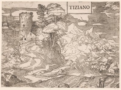Landschap met een herder door Ugo da Carpi