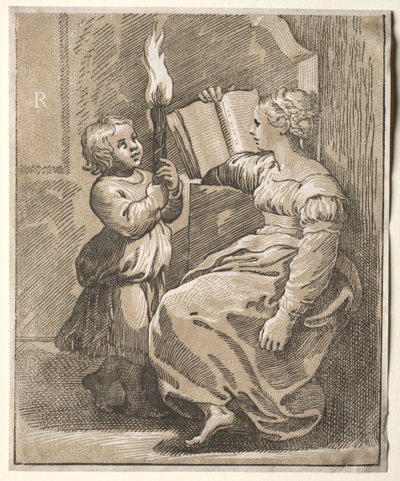 Sibyl Leest met een Kind dat een Fakkel Vasthoudt, 1518-1527 door Ugo da Carpi