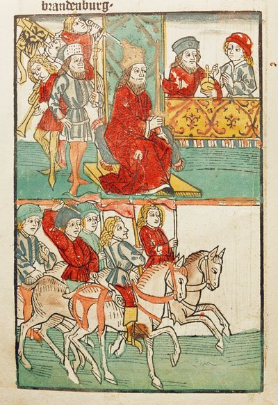 Vergoeding van de burggraaf van Nuernberg, Friedrich von Hohenzollern, met de maarten Brandenburg door keizer Sigismund ... door Ulrich von Richental