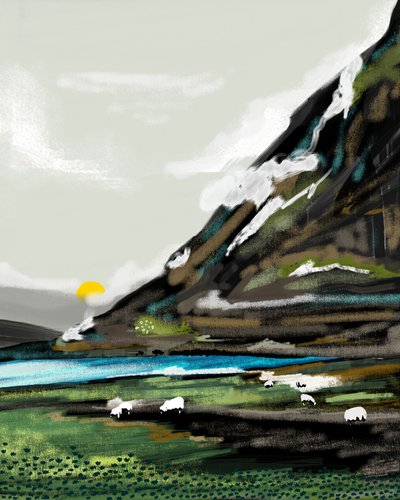 Vredig berglandschap met schapen door Uma Gokhale