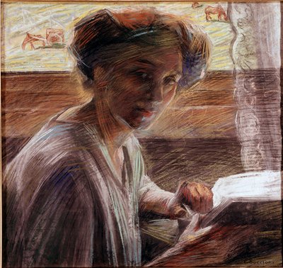 Portret van de zus van de schilder die leest door Umberto Boccioni