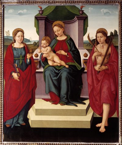 Madonna op troon tussen St. Magdalena en Sebastiaan door Umbrian School