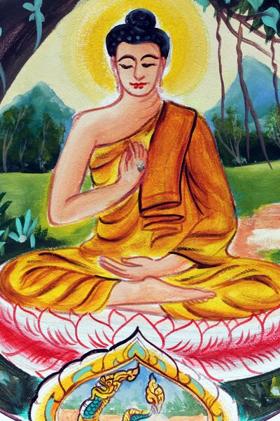 20151029, Vientiane, Laos: Wat Inpeng boeddhistische tempel. Schilderij dat het levensverhaal van Shakyamuni Boeddha uitbeeldt. De onderwijzende Boeddha toont een bijzonder moment in het leven van de Boeddha, namelijk de eerste preek die de Boeddha gaf na  door Unbekannt