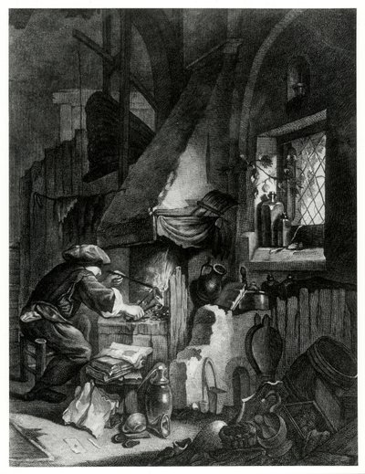 De chemicus aan het werk, een gravure die een alchemist aan het werk toont door Unbekannt