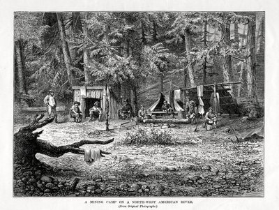 Een mijnkamp aan een Noordwest-Amerikaanse rivier, 1877 door Unbekannt