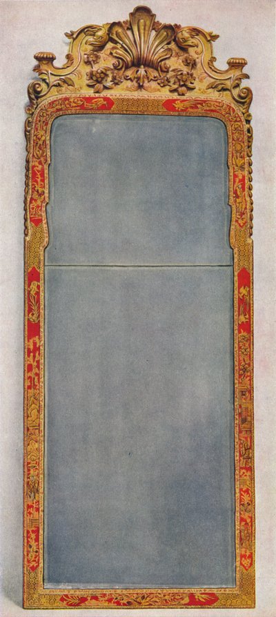 Een Zeer Zeldzame Pier Spiegel van c1720 in frame versierd met Rode Lak door Unbekannt