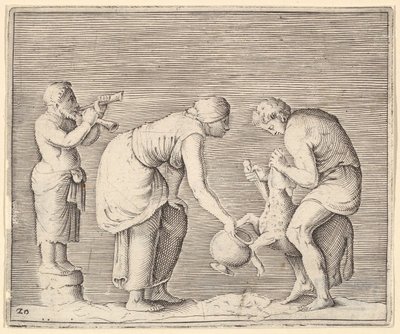 Een vrouw die bloed verzamelt van een schaap, gepubliceerd ca. 1599-1622 door Unbekannt