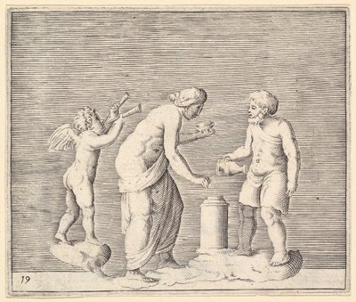 Een vrouw en man die offeren in aanwezigheid van Cupido, gepubliceerd ca. 1599-1622 door Unbekannt