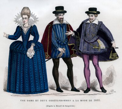 Een dame en twee heren in Franse kleding van 1605, 1882-1884 door Unbekannt