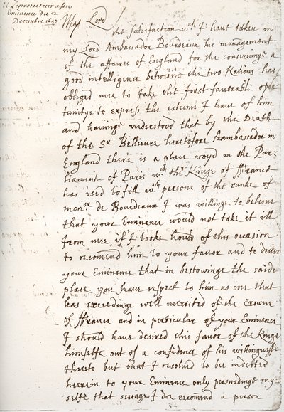 Een brief van Oliver Cromwell aan kardinaal Mazarin door Unbekannt
