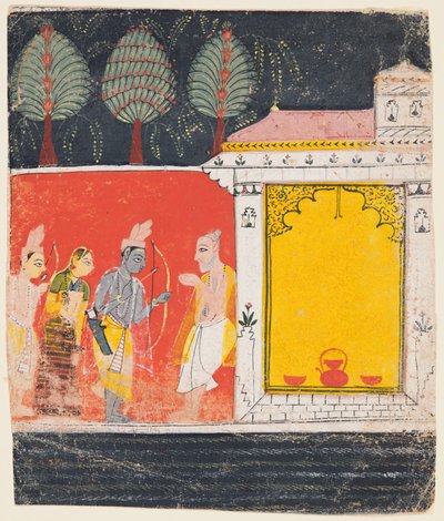 Een pagina uit een Ramayana: Een nachtscène van Rama, Lakshman en Sita voor de rishi..., ca. 1650 door Unbekannt