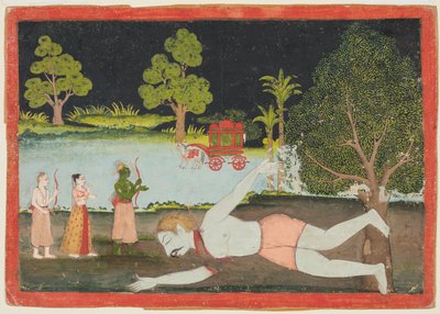 Een pagina uit een Ramayana: Rama, Lakshman en Sita voor een gedode reus, ca. 1770 door Unbekannt