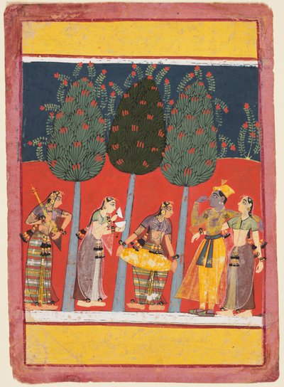 Een pagina uit een Rasikapriya-serie: Krishna en Radha en de Sakhis met muziekinstrumenten, ca. 1650 door Unbekannt