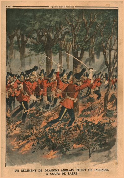 Een regiment Engelse dragonders blust een brand met sabelslagen, 1914 door Unbekannt
