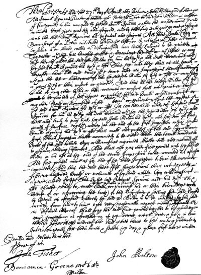 Overeenkomst tussen John Milton en de drukker, Samuel Symons, voor de verkoop van het auteursrecht van 