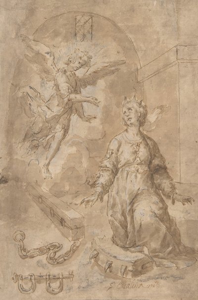 Een engel verschijnt aan Sint Catharina van Alexandrië in de gevangenis recto, Volute verso, 17e eeuw door Unbekannt