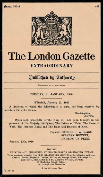 Een buitengewoon bulletin van The London Gazette waarin het overlijden van koning George V wordt aangekondigd, 1865-1936 door Unbekannt