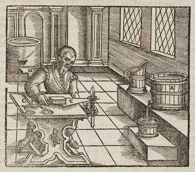 Analyse van salpeter, gebruikt in buskruit en voor het conserveren van vlees - Gravure uit Beschrijving van mineralen en de belangrijkste mijnbouwmethoden, van Lazarus Ecker door Unbekannt