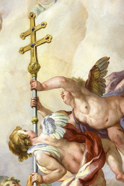 Engelen die een kruis vasthouden. Fresco door Johann Michael Rottmayr. Karlskirche. St. Charles
