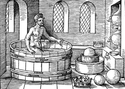 Archimedes ca. 287-212 v.Chr., Oud-Griekse wiskundige en uitvinder, in zijn bad door Unbekannt