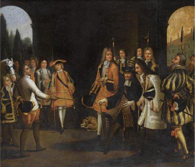 Audiëntie van Lodewijk XIV met tsaar Peter de Grote in Versailles, 1717, eerste helft van de 18e eeuw door Unbekannt