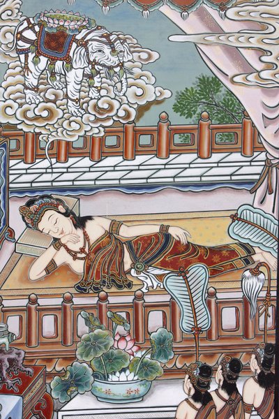 Voor de geboorte van Siddhartha Gautama droomde zijn moeder van een witte olifant die haar een lotusbloem presenteerde, Seoul, Zuid-Korea door Unbekannt