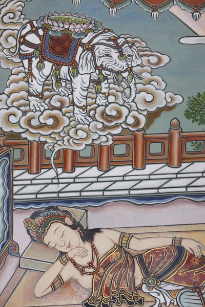 Voor de geboorte van Siddhartha Gautama droomde zijn moeder van een witte olifant die haar een lotusbloem aanbood, Seoul, Zuid-Korea door Unbekannt
