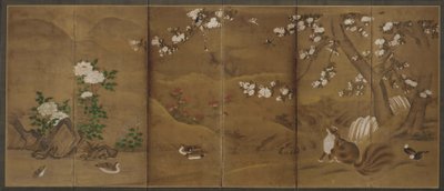 Vogels, bloemen van de seizoenen, en civetkatten, Muromachi of Momoyama-periode, 16e eeuw door Unbekannt