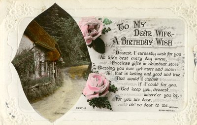 Verjaardagskaart van een echtgenoot aan zijn vrouw, ca. 1918 door Unbekannt