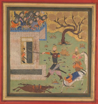 Bizhan dwingt Farud zich terug te trekken in zijn fort, Folio uit een Shahnama Boek der Koningen door Unbekannt