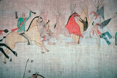 Blackfoot Native American tipi voering met een aanval op een kamp door Unbekannt