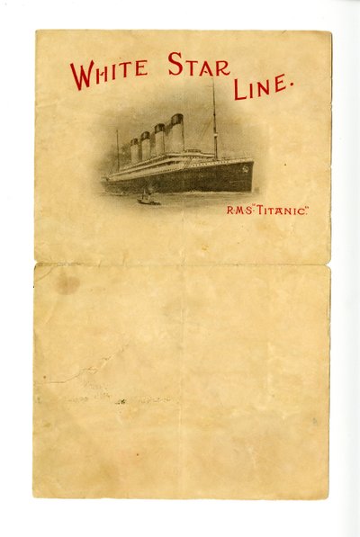 Leeg R.M.S Titanic briefpapier [gegeven aan de Hurds door een onbekende overlevende], ca. 1912 door Unbekannt