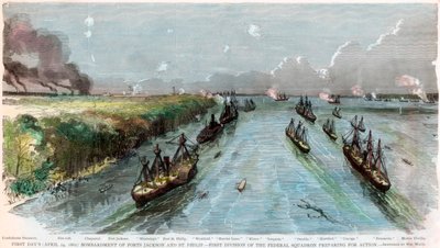Bombardement van Forten Jackson en St Philip, Louisiana, Amerikaanse Burgeroorlog, april 1862 door Unbekannt