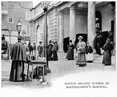 Flessenverkoop buiten St Bartholomews Hospital, Londen door Unbekannt
