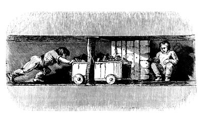 Jongen duwt een wagen vol kolen van het kolenfront naar de bodem van de schacht, c1848 door Unbekannt