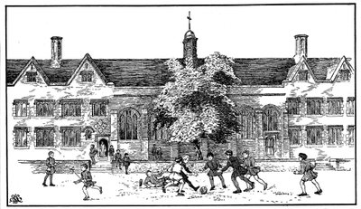 Jongens in Tudor-tijd die voetbal spelen op Berkhamsted Grammar School, Hertfordshire door Unbekannt