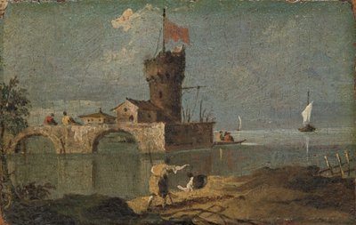 Capriccio met een ronde toren, twee huizen en een brug, 18e eeuw door Unbekannt