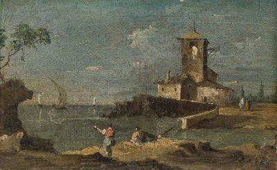 Capriccio met een Vierkante Toren en Twee Huizen door Unbekannt