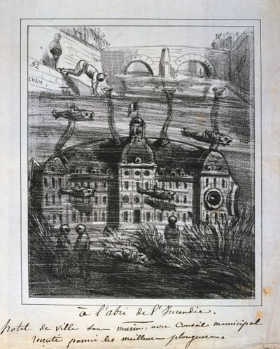 Cartoonvoorstel om het stadhuis onder water te herbouwen om brand te voorkomen, Parijse Commune door Unbekannt