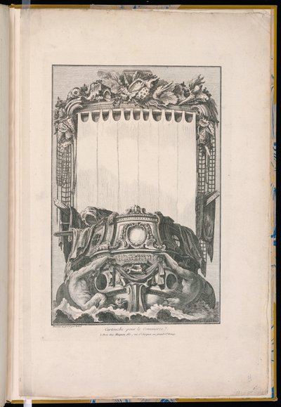 Cartouche in de vorm van een slak bovenop een schip door Unbekannt