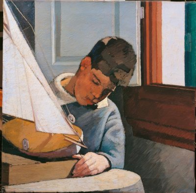 Kind jonge jongen zoon van de schilder zittend aan een tafel spelend met een boot klassieke synthese chromatische balans penseelstreken vol licht door Unbekannt