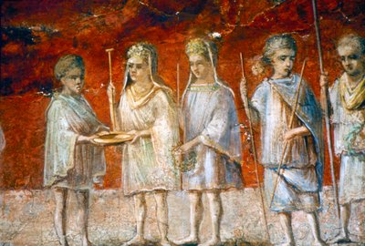 Kinderen in religieuze processie, Romeinse muurschildering uit Ostia, ca. 2e-3e eeuw door Unbekannt