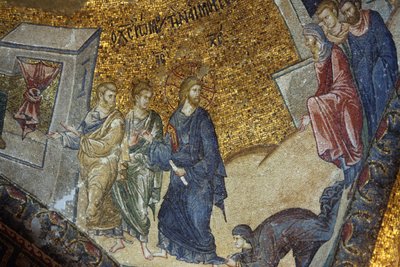 Chora kerk museum: mozaïek dat de vrouw toont die Jezus vraagt om herstel van haar gezondheid, Istanbul, Turkije door Unbekannt